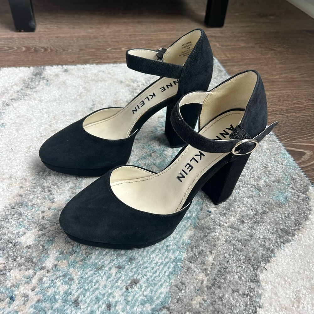 Anne Klein Black Suede Ankle-Strap Platform Block Heel Pumps